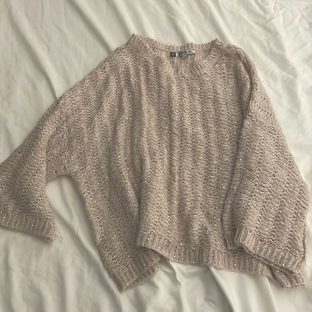 Pale pink slouchy loose knit sequined sweater